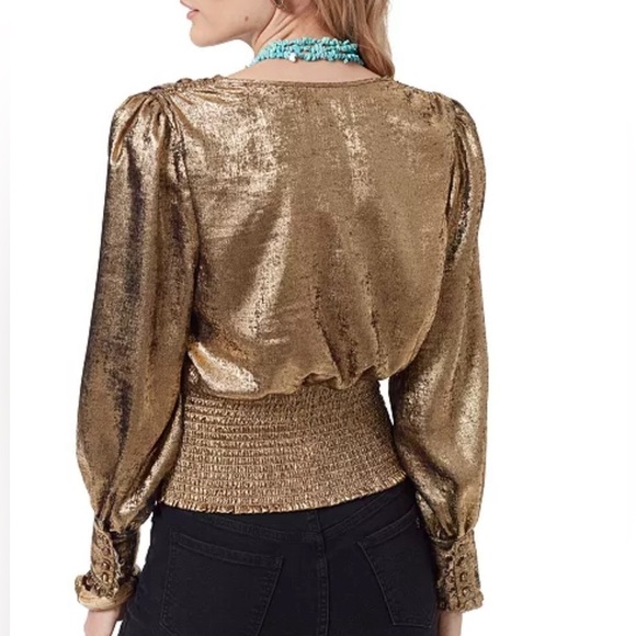 NWT Sam Edelman Edith Split Neck Gold Metallic Top Size XS Long Sleeve V-Neck - Picture 2 of 16